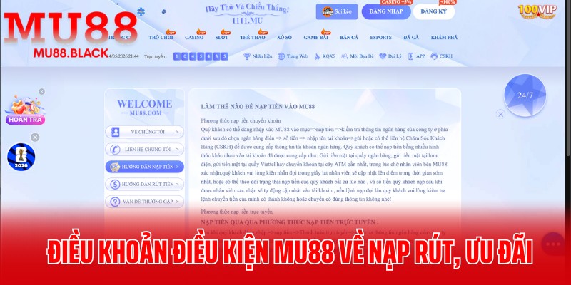 Điều khoản điều kiện MU88 về vấn đề nạp rút, ưu đãi